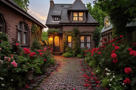 a cobblestone pathway leading to a brick victorian house with a rose garden, created with generative aiの素材