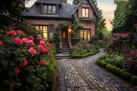 a cobblestone pathway leading to a brick victorian house with a rose garden, created with generative aiの素材
