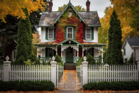 an ivy-covered victorian house with a white picket fence, created with generative aiの素材