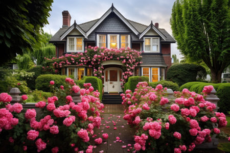 a victorian house with a well-maintained garden filled with blooming roses, created with generative aiの素材