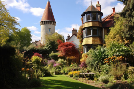 a victorian houses tower and turret viewed from the garden, created with generative aiの素材