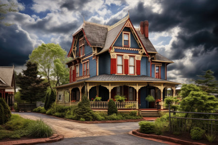 a victorian house with a carriage house in the background, under a cloudy sky, created with generative aiの素材