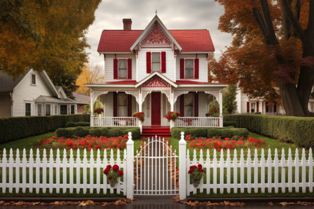 a victorian house with a white picket fence and a red front door, created with generative aiの素材