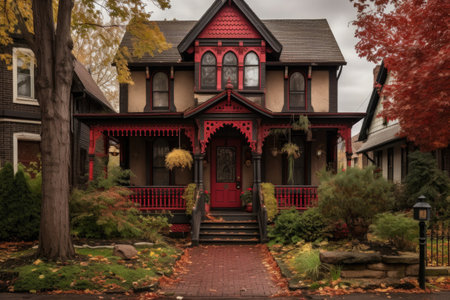 victorian house with a red door and a mailbox at the front, created with generative aiの素材