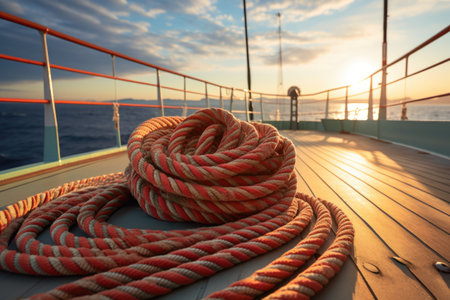 a close-up of a rope coil on a ship deck with the sea in the background, created with generative aiの素材