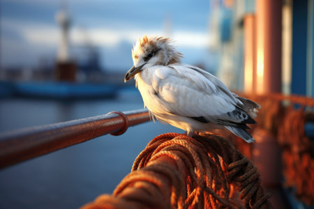 a seagull resting on a ship railing with blurred sea in the background, created with generative aiの素材