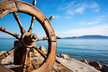 close-up of old wooden ship wheel with the sea and sky in the background, created with generative aiの素材