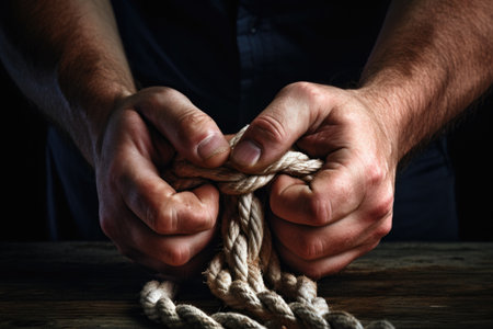 close-up of a sailors hands tying a knot on a rope, created with generative aiの素材