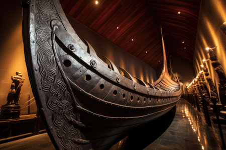 close-up of viking ships stern with detailed craftsmanship, created with generative aiの素材