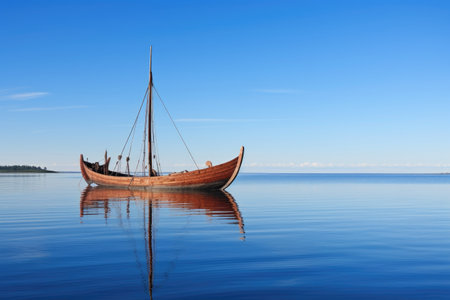 a wooden viking ship on calm sea waters under a clear blue sky, created with generative aiの素材