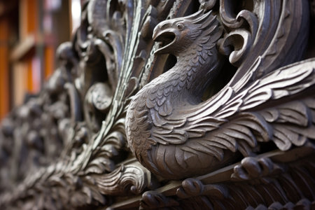 a detailed close-up of intricate carvings on a viking ships prow, created with generative aiの素材