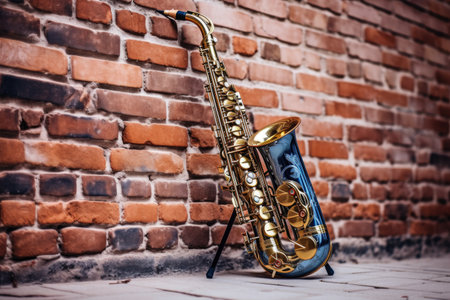 a close-up of a saxophone leaning against a brick wall, created with generative aiの素材