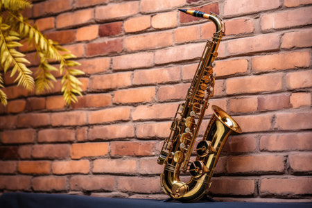 a close-up of a saxophone leaning against a brick wall, created with generative aiの素材