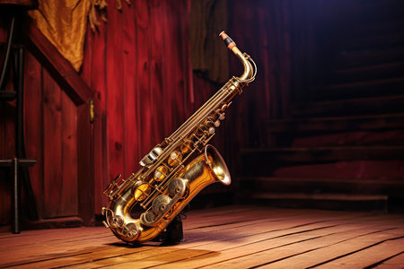 close-up of a brass saxophone resting on a wooden stage, created with generative aiの素材