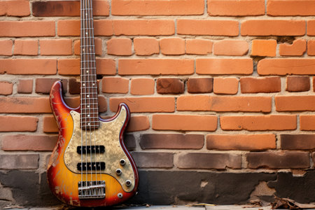 close-up shot of a vintage bass guitar against a brick wall, created with generative aiの素材