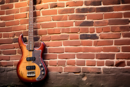 close-up shot of a vintage bass guitar against a brick wall, created with generative aiの素材
