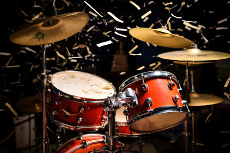 close-up of drumsticks hitting a snare drum with music sheets scattered around, created with generative aiの素材