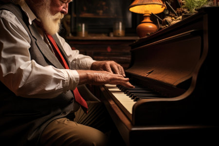 old style jazz pianists hands playing on an antique piano, created with generative aiの素材