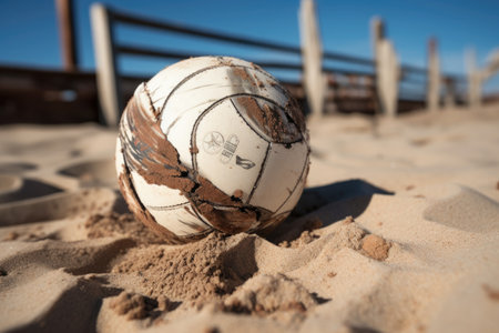 a close-up shot of a worn-out volleyball on a sandy beach, created with generative aiの素材