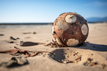 a close-up shot of a worn-out volleyball on a sandy beach, created with generative aiの素材