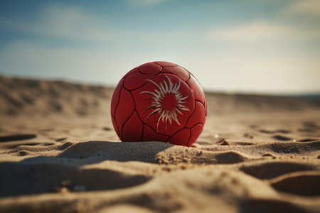 a close-up shot of a new volleyball on sand, created with generative aiの素材