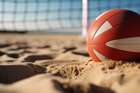 a close-up shot of a volleyball in the sand with a net in the background, created with generative aiの素材
