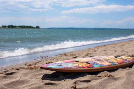 close-up of a wakeboard on the sandy beach with the sea in the background, created with generative aiの素材