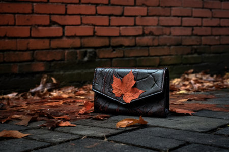 wallet on a brick pathway, with a fallen leaf on top, created with generative aiの素材
