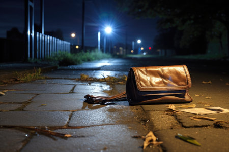 wallet lying on a footpath at night under a streetlight, created with generative aiの素材