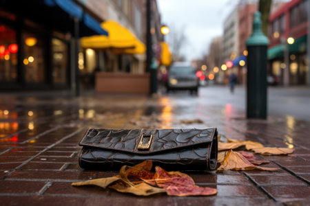 a leather wallet lying on a bustling city sidewalk, created with generative aiの素材