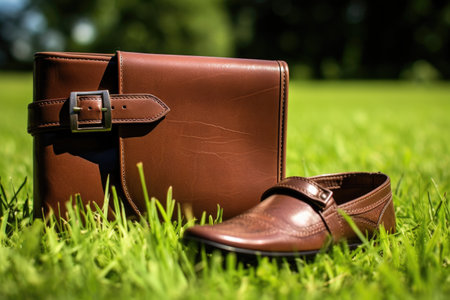 wallet lying next to a leather boot on a grassy field, created with generative aiの素材