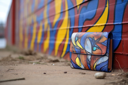 wallet on a brick wall, with graffiti art in the background, created with generative aiの素材