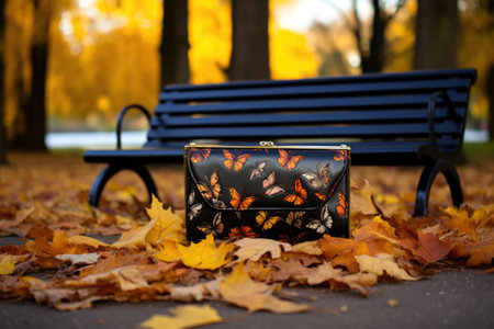 wallet lying near a park bench on a bed of autumn leaves, created with generative aiの素材