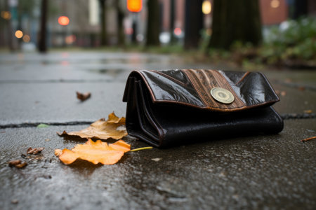 a wallet lying near a forgotten umbrella on a rainy sidewalk, created with generative aiの素材