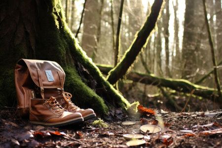 wallet on a forest trail, with a hiking boot stepping past it, created with generative aiの素材
