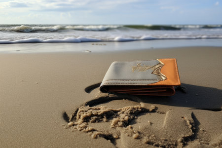 wallet on a sandy beach, with footprints leading away, created with generative aiの素材
