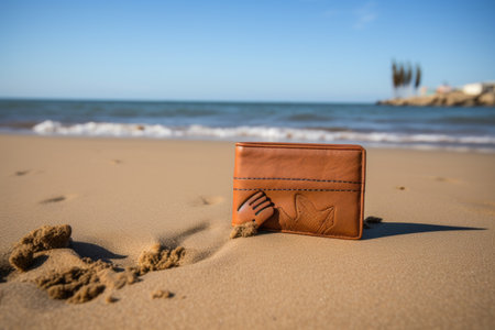wallet on a sandy beach with footprints leading away, created with generative aiの素材