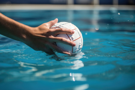 close-up of a water polo ball held by a player in the pool, created with generative aiの素材