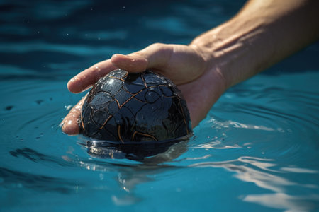 close-up of a players hand gripping a water polo ball, created with generative aiの素材