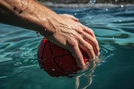 close-up of a players hand gripping a water polo ball, created with generative aiの素材