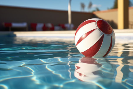 close-up of a water polo ball on the edge of a pool, created with generative aiの素材