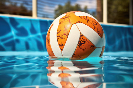 close-up of a water polo ball on the edge of a pool, created with generative aiの素材