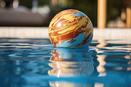 close-up of a water polo ball on the edge of a pool, created with generative aiの素材