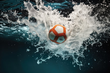 dramatic shot of water polo ball splashing into the pool, created with generative aiの素材