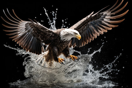 a splash of water, captured mid-air, forming the image of a soaring eagle, created with generative aiの素材
