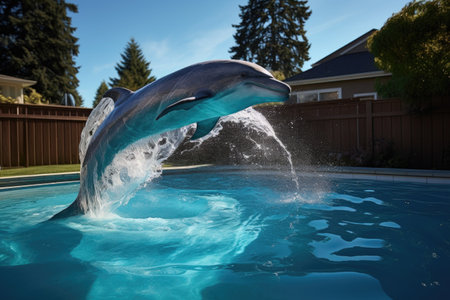a dolphin-shaped water splash leaping from a clear blue pool, created with generative aiの素材
