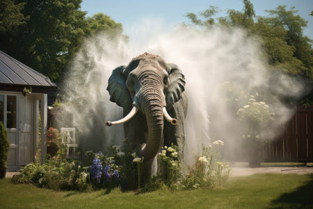 an elephant-shaped water splash spraying from a garden hose, created with generative aiの素材