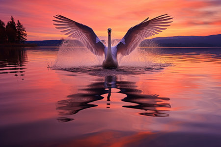 swan-shaped splash on a calm lake at dawn, created with generative aiの素材