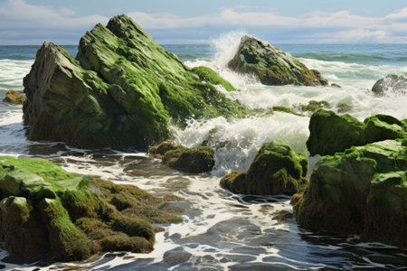 rocks covered in green moss being washed by sea waves, created with generative aiの素材