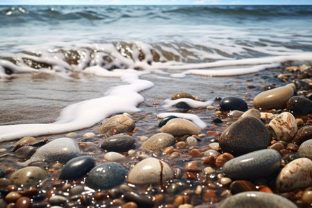 close-up of small waves lapping over pebbles on a beach, created with generative aiの素材
